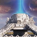 Cartoon Scene Of Futuristic Building With Blue Beam Over Water Surface And Planet