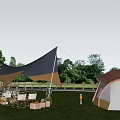 Dome Tent And Tarpaulin Shelter For Outdoor Camping On Green Grass With Trees Under Blue Sky