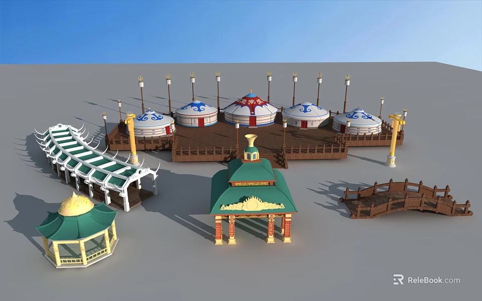 Traditional Yurt Settlement With Green Roof Pavilions And Wooden Corridors 3d model 