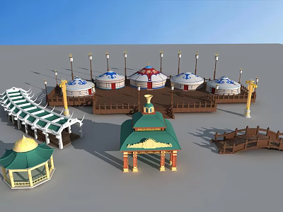 Traditional Yurt Settlement With Green Roof Pavilions And Wooden Corridors 3d model