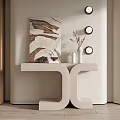 Modern Entryway Console Table Featuring Unique Base Design Circular Wall Mirrors And Decorative Items