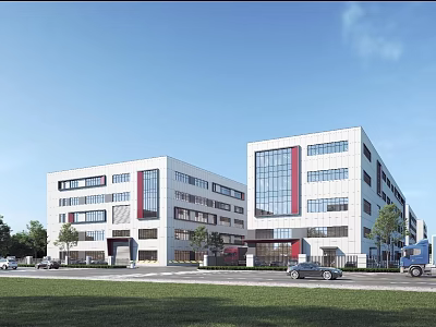 Modern Multistory Industrial Factory Building With Glass Curtain Walls Red Accent Strips And Surrounding Greenery 3d model