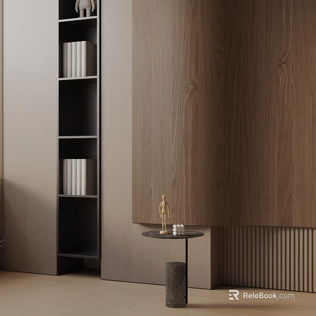Modern Minimalist Side Table With Wooden Wall Panel And Small Decor Items 3d model 