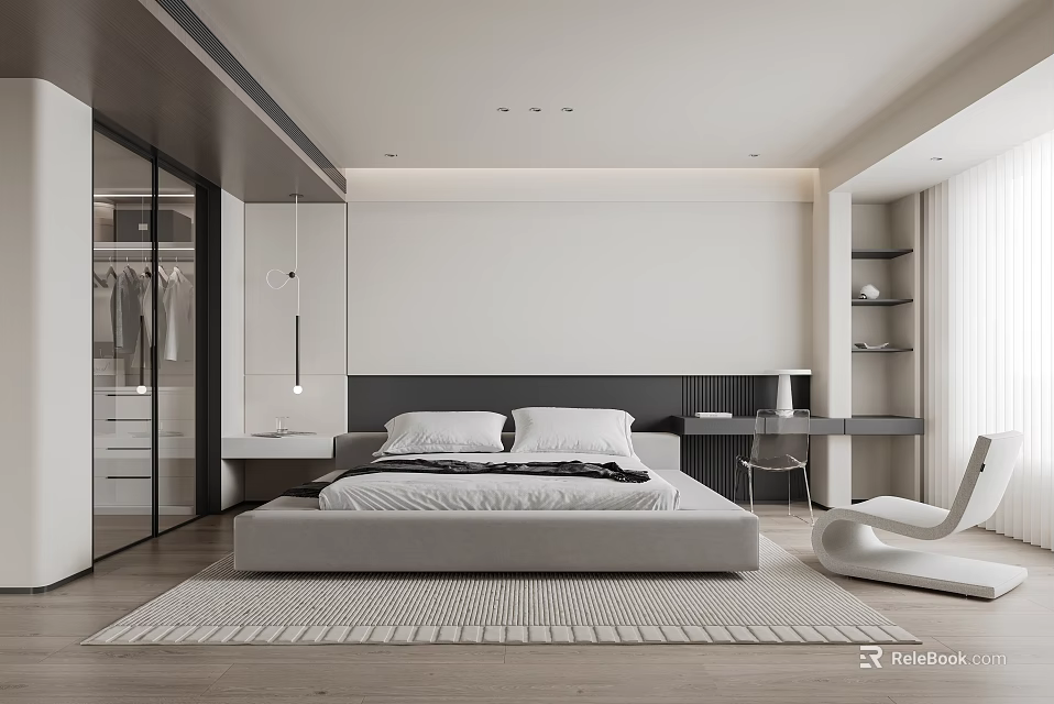 Modern Minimalist Bedroom Interior With Large Bed Wardrobe Desk And Gray Rug 3d model 