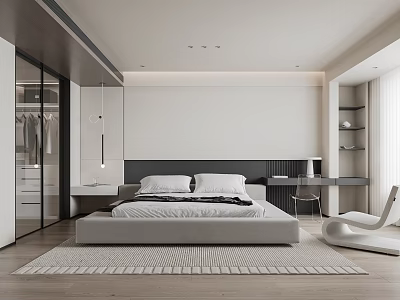 Modern Minimalist Bedroom Interior With Large Bed Wardrobe Desk And Gray Rug 3d model