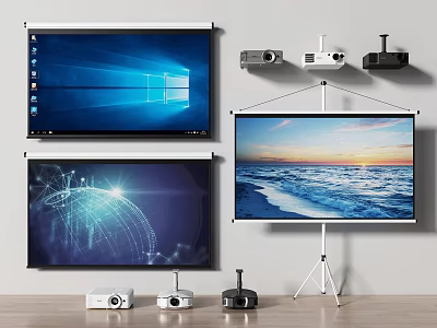 Projection Monitoring Setup With Wall Mounted Screens Tripod Stands And Multiple Projectors 3d model