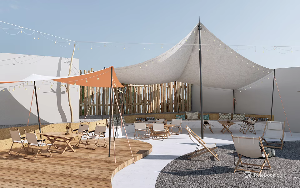 Outdoor Lounge Area With White And Orange Tents Wooden Deck Tables Chairs And String Lights 3d model 