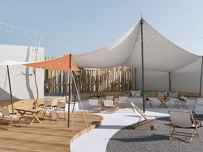 Outdoor Lounge Area With White And Orange Tents Wooden Deck Tables Chairs And String Lights 3d model