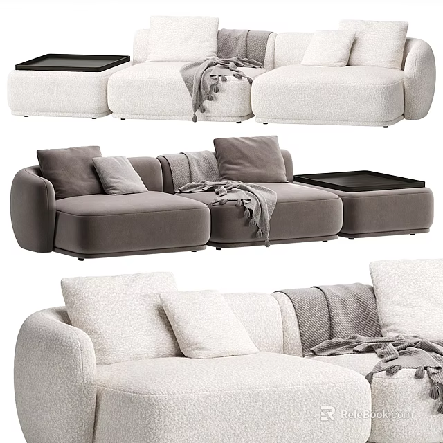 Modern Sectional Sofa With Beige Gray Upholstery Plush Pillows And Cozy Throw Blanket 3d model 