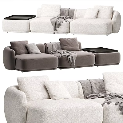 Modern Sectional Sofa With Beige Gray Upholstery Plush Pillows And Cozy Throw Blanket 3d model