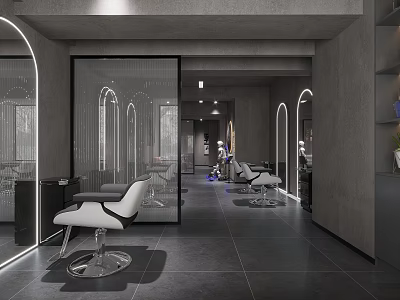 Modern Hair Salon Interior Design With White Styling Chairs Curved Mirrors And Gray Walls 3d model