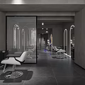 Modern Hair Salon Interior Design With White Styling Chairs Curved Mirrors And Gray Walls