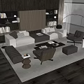 Modern Elegant Living Room With Sofa And Coffee Table Set Armchairs Rug And Bookshelves