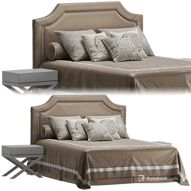 Modern Double Bed With Soft Upholstered Headboard Decorative Pillows And Nightstand 3d model