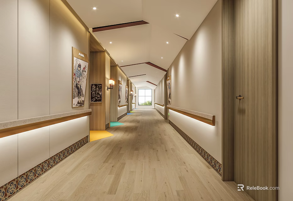 Elegant Modern Elevator Hallway With Wooden Panels Light Strips Wall Paintings And Wooden Flooring 3d model 