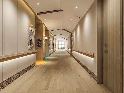 Elegant Modern Elevator Hallway With Wooden Panels Light Strips Wall Paintings And Wooden Flooring 3d model