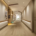Elegant Modern Elevator Hallway With Wooden Panels Light Strips Wall Paintings And Wooden Flooring