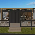 Container Building Design with Wooden Exterior Outdoor Deck Railings Steps Trees and Interior Tables Chairs