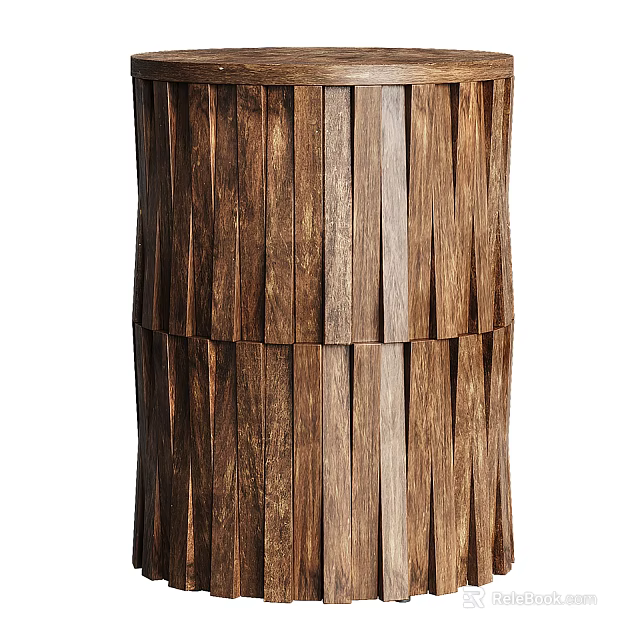 Elegant Modern Natural Wooden Side Table With Vertical Striped Cylindrical Design 3d model 