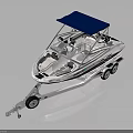 Modern White Motorboat With Blue Canopy On Trailer For Water Transportation
