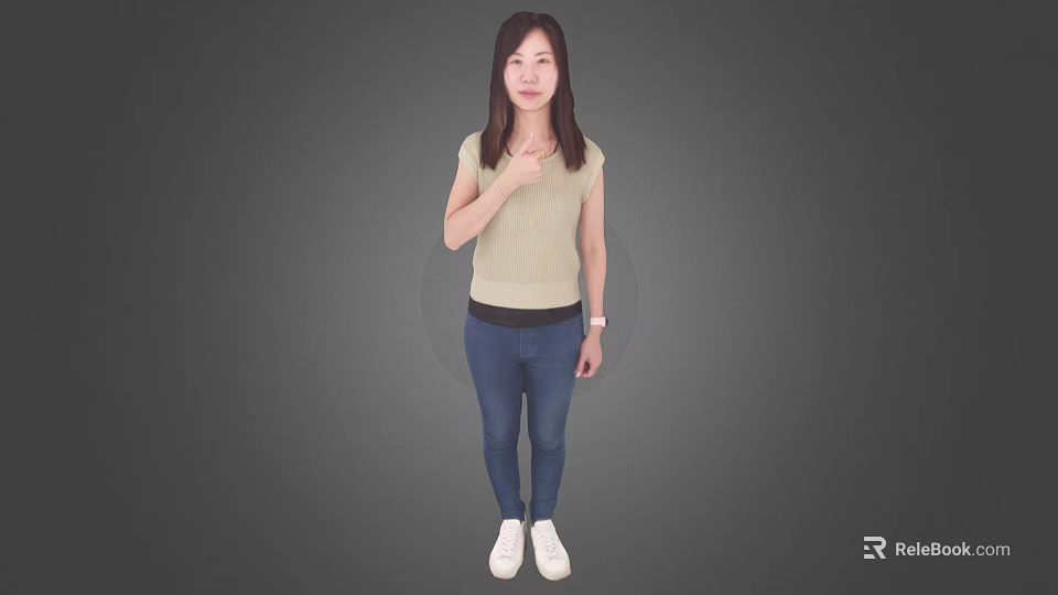Woman Giving Thumbs Up In Beige Top Blue Jeans White Shoes Against Gray Background 3d model 