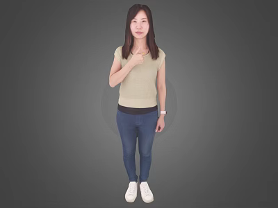 Woman Giving Thumbs Up In Beige Top Blue Jeans White Shoes Against Gray Background 3d model