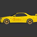 Shiny Yellow Two Door Sports Car with Rear Spoiler Golden Wheels and Stylish Decals