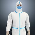 Woman In White Protective Suit With Blue Stripes And Face Shield Standing