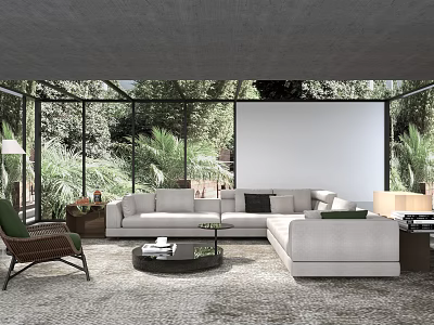 Modern Living Room Sofa and Coffee Table Set with Large Windows and Natural Greenery 3d model
