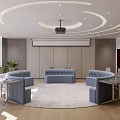 Elegant Conference Room Interior Featuring Circular Ceiling Lighting Projection Screen Curved Sofas And Large Windows 3d model