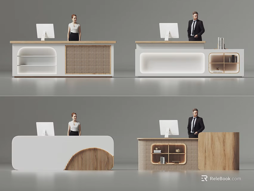 Modern Reception Desk Design With Wooden White Elements Computer Monitor And Staff Standing 3d model 