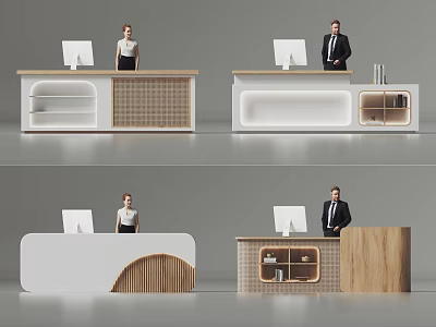 Modern Reception Desk Design With Wooden White Elements Computer Monitor And Staff Standing 3d model
