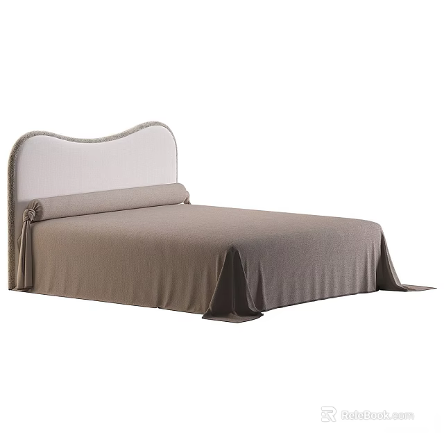 Elegant Modern Double Bed With White Upholstered Headboard And Brown Bedding 3d model 