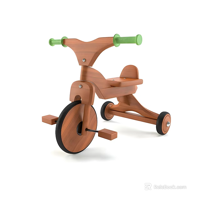 Sturdy Wooden Toddler Tricycle With Green Handles Seat Pedals And Black Wheels 3d model 
