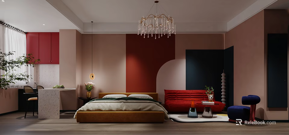 Modern Apartment Bedroom With Red Walls Chandelier Sofa Bed And Wooden Flooring 3d model 