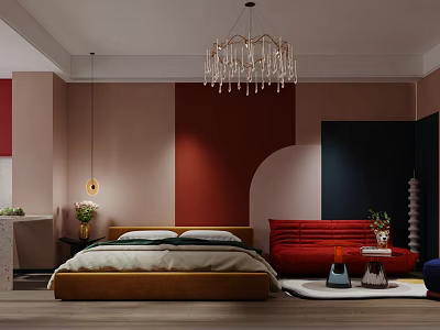 Modern Apartment Bedroom With Red Walls Chandelier Sofa Bed And Wooden Flooring 3d model