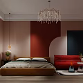 Modern Apartment Bedroom With Red Walls Chandelier Sofa Bed And Wooden Flooring