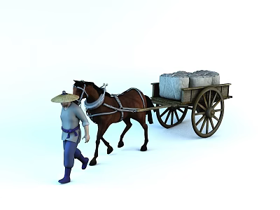Person With Bamboo Hat Leading Horse Pulling Wooden Cart Loaded With Goods 3d model