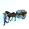 Person With Bamboo Hat Leading Horse Pulling Wooden Cart Loaded With Goods