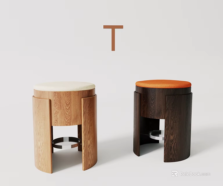 Modern Light And Dark Wooden Stools With Beige Orange Upholstered Seats And Unique Design 3d model 