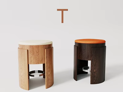 Modern Light And Dark Wooden Stools With Beige Orange Upholstered Seats And Unique Design 3d model