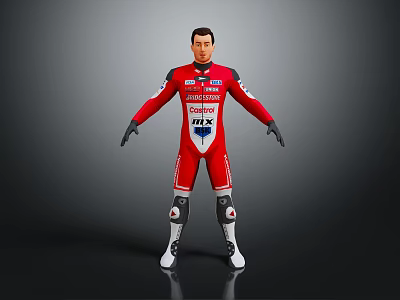 Man In Red Racing Suit Featuring Sponsor Logos Black Gloves White Shoes On Dark Background 3d model