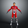 Man In Red Racing Suit Featuring Sponsor Logos Black Gloves White Shoes On Dark Background