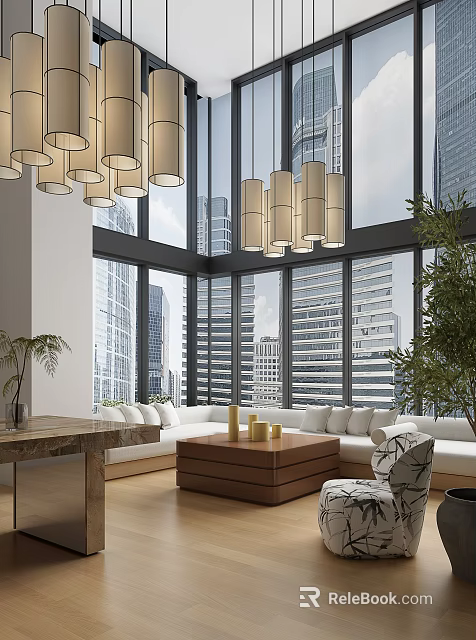 Modern Leisure Area With Large Windows City View Comfortable Sofa And Pendant Lights 3d model 
