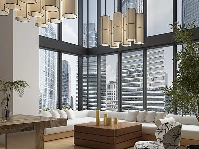 Modern Leisure Area With Large Windows City View Comfortable Sofa And Pendant Lights 3d model