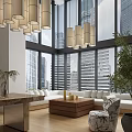 Modern Leisure Area With Large Windows City View Comfortable Sofa And Pendant Lights