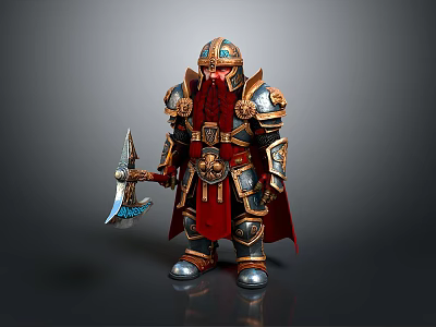 Man In Ornate Armor With Red Cape Holding Battle Axe And Detailed Helmet 3d model