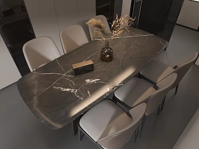 Elegant Modern Dining Table and Chairs With Dark Marble Tabletop and Light Gray Padded Seats 3d model