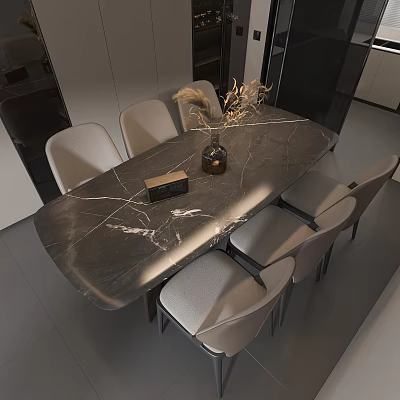 Elegant Modern Dining Table and Chairs With Dark Marble Tabletop and Light Gray Padded Seats 3d model