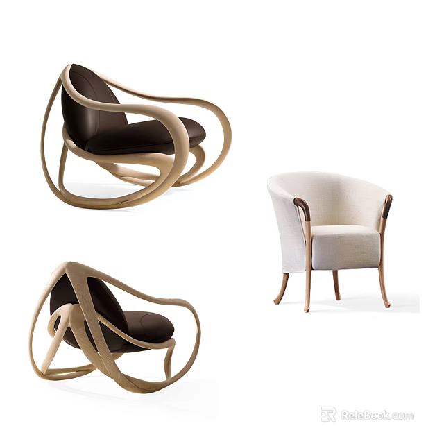 Modern Leisure Chairs With Curved Wooden Frame And Upholstered Seats 3d model 